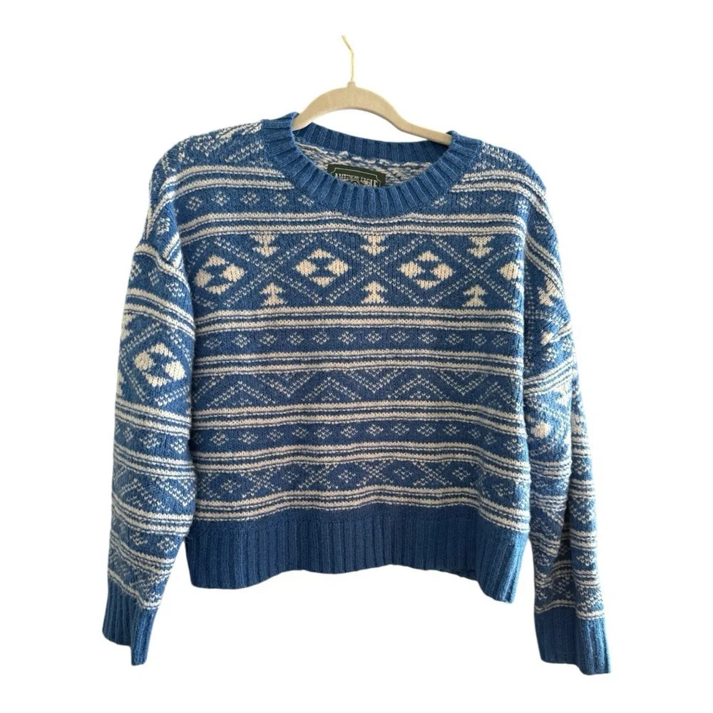 American Eagle Blue Fair Isle Aztec Chunky Cropped Sweater Size Medium